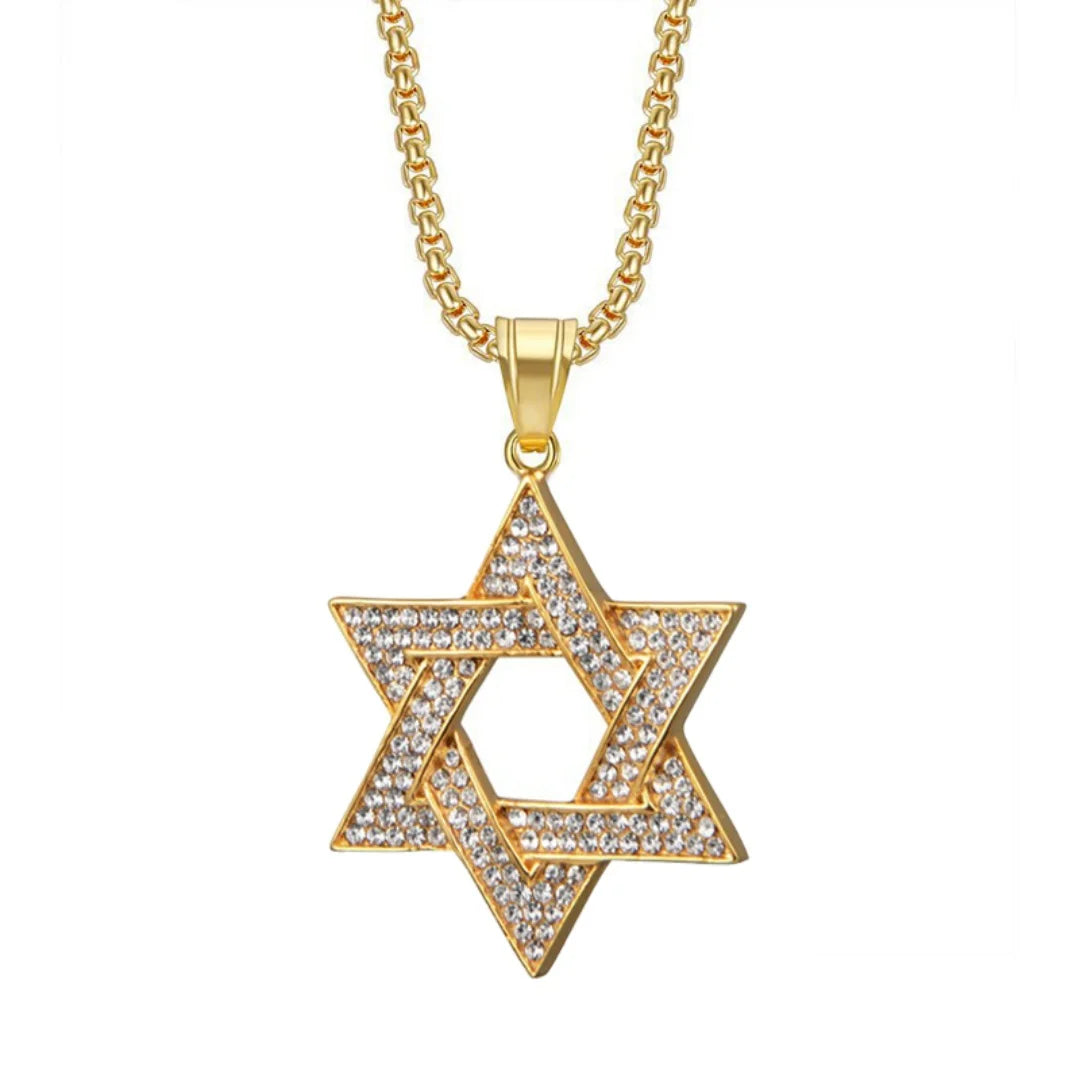 Hiphop Tennis Star of David Pendant Gold Silver Color Stainless Steel Zirconia Hexagram Necklace for Woman Man Religious Jewelry
