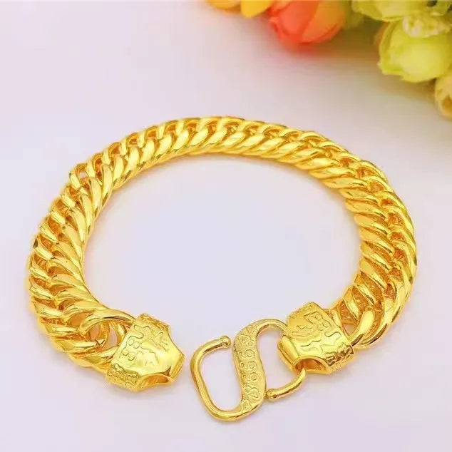 24K Gold Bracelet 10mm Fu Buckle Men's Domineering Glossy Tank Chain Boss Chain Unisex AU999