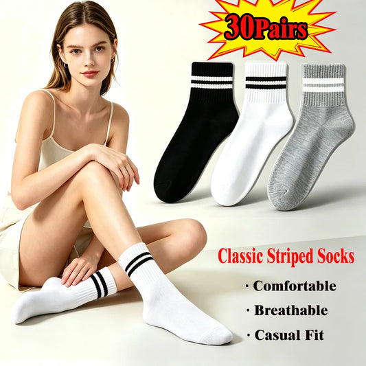 10/20/30 Pairs Men Women Striped Socks Cotton Round Neck Breathable Odor Proof Sweat Absorb Casual White Black Socks All-Season