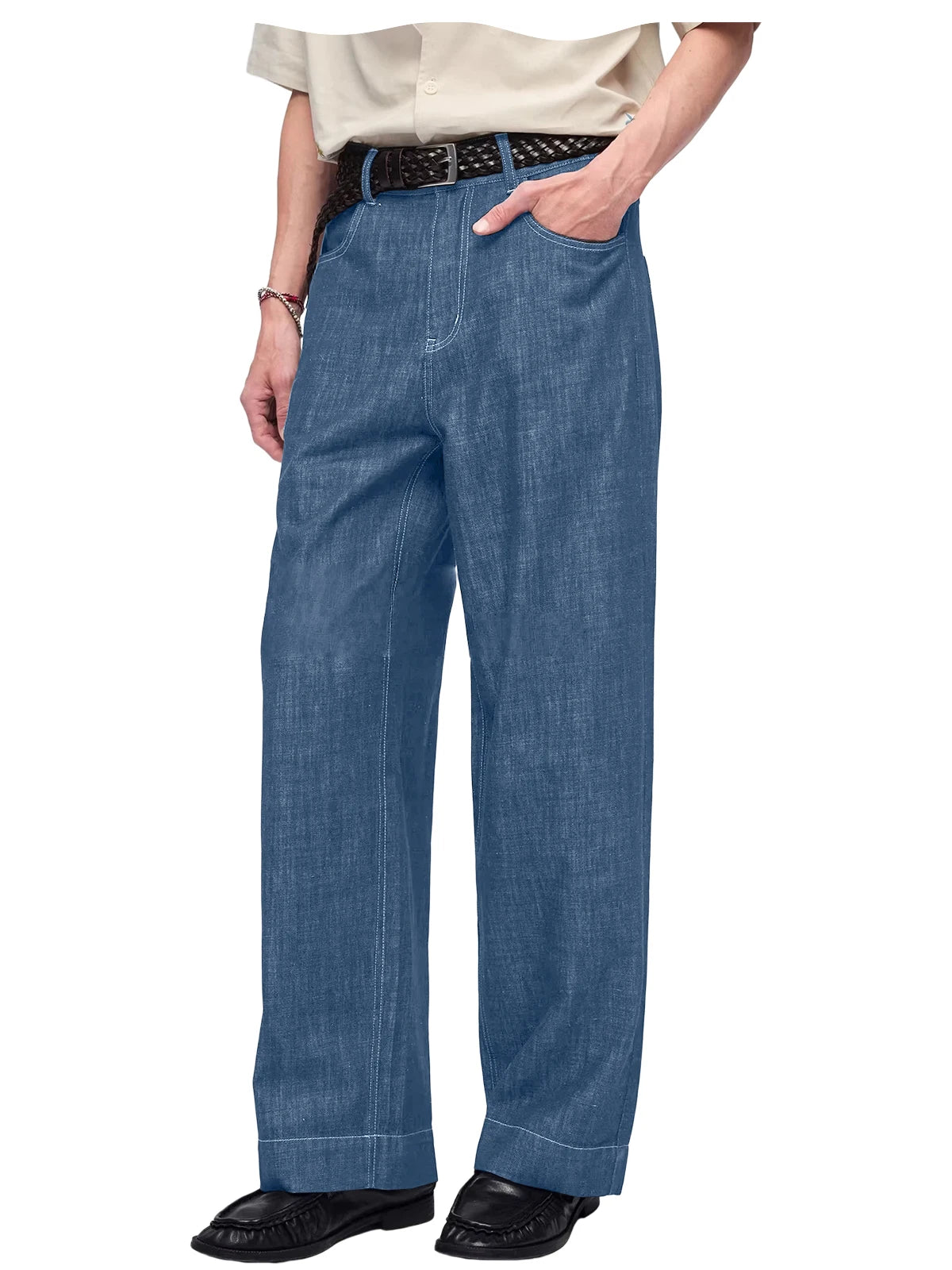 Retro Men's High Waist Wide Leg Jeans Loose Fit Denim Pants Breathable Casual Stretchy Heavyweight Cotton Y2K Baggy Trousers