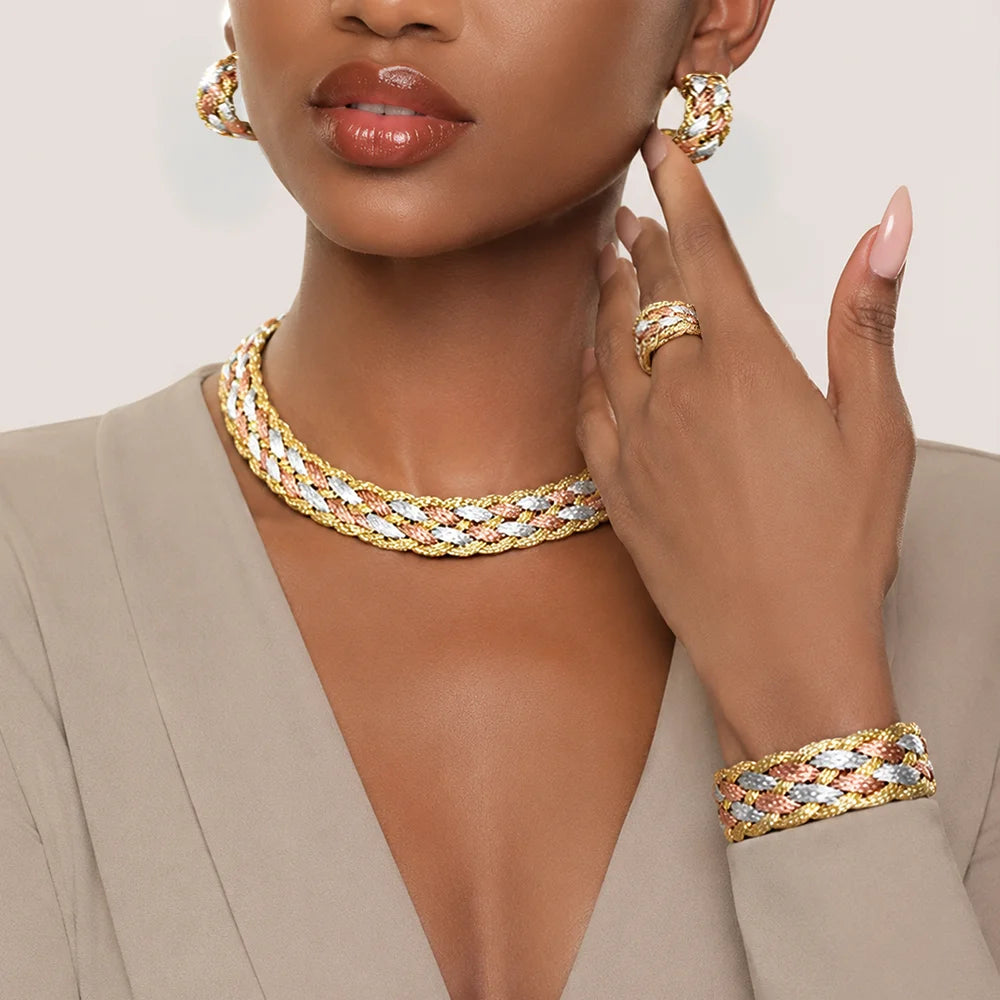 Handmade Tri Color Braided Jewelry Set 4Pcs Bohemia Boho Women Woven Twis Necklace Earrings Bracelet Ring Jewelry Gift