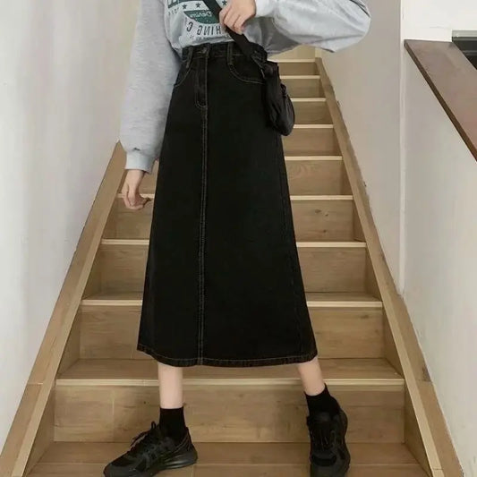 High Waist A-Line  Midi Skirts Women's Denim Skirts High Waist Design Sensation Small Audience Hip Covering Split Skirts