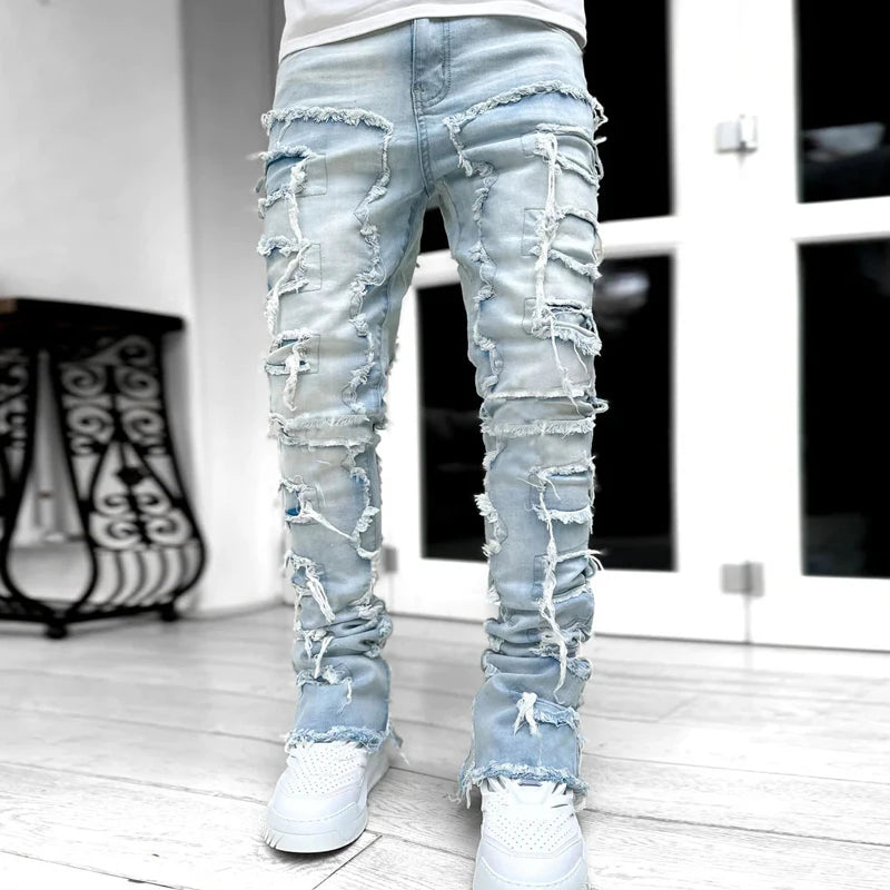 New European and American Heavyweight Streetwise Stretch Patch Jeans for Men, High Street Straight Fit Long Jeans