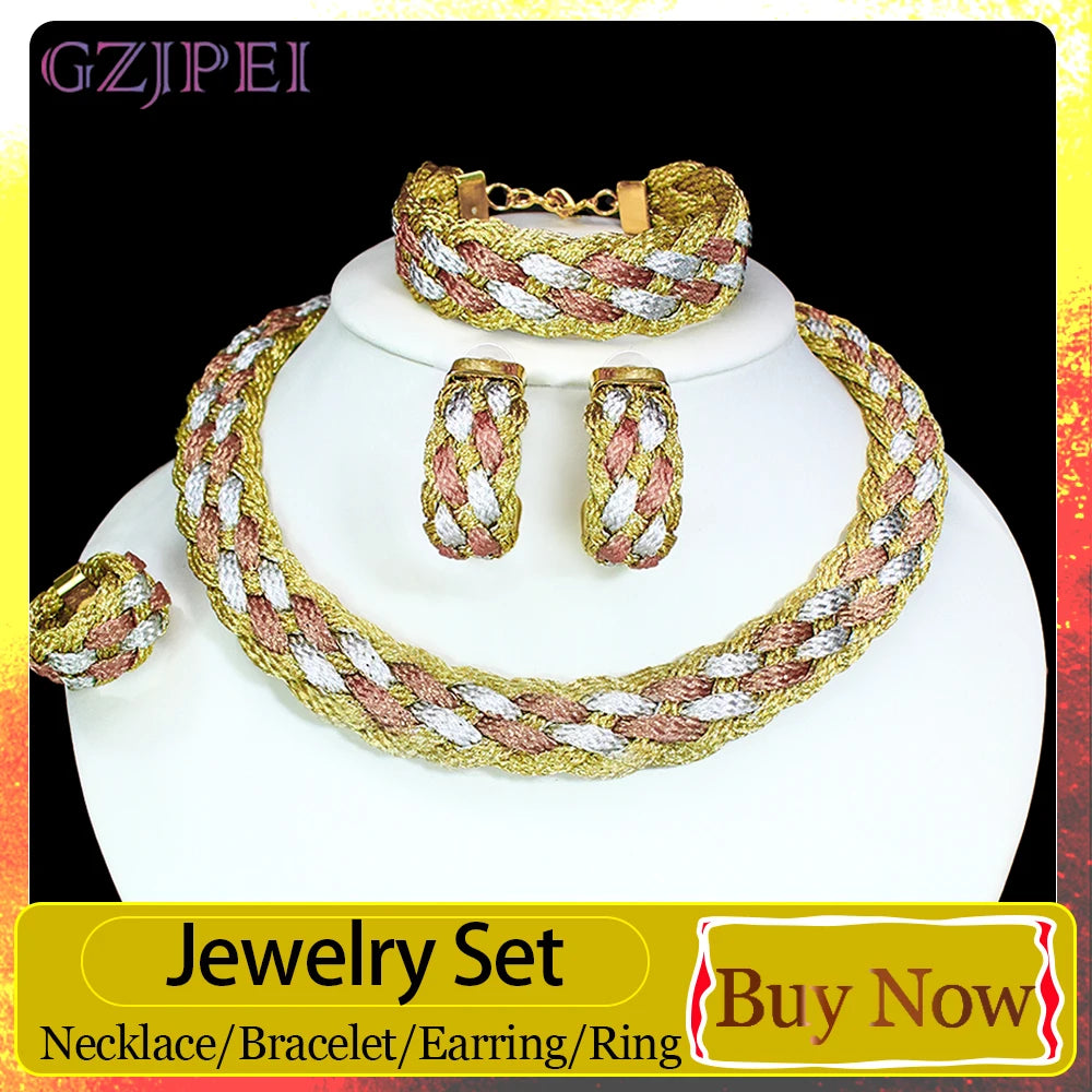 Handmade Tri Color Braided Jewelry Set 4Pcs Bohemia Boho Women Woven Twis Necklace Earrings Bracelet Ring Jewelry Gift