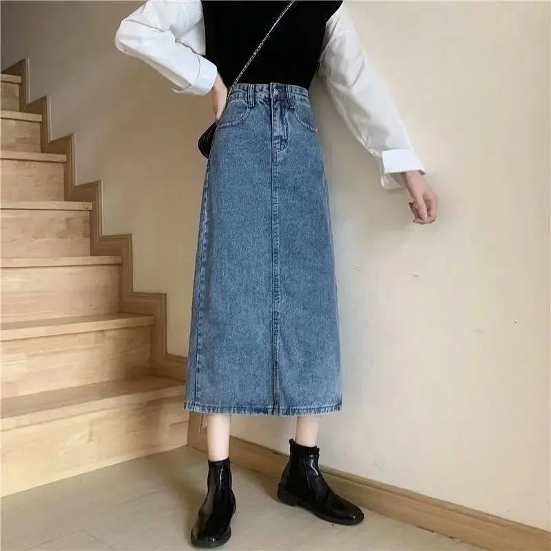 High Waist A-Line  Midi Skirts Women's Denim Skirts High Waist Design Sensation Small Audience Hip Covering Split Skirts