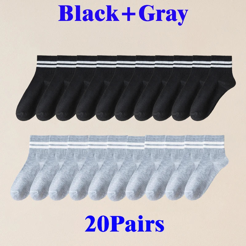 10/20/30 Pairs Men Women Striped Socks Cotton Round Neck Breathable Odor Proof Sweat Absorb Casual White Black Socks All-Season