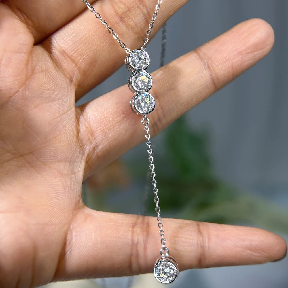 3mm/5mm Moissanite Pendant Necklaces for Women 925 Sterling Silver 4 Stones Long Tassels Bubble Clavicular Chain Party Jewelry