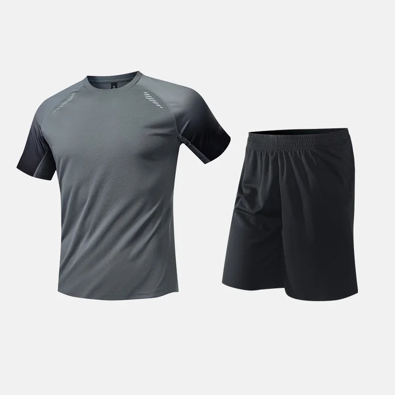 Fitness Clothes Ice Silk Quick Drying T-shirt Suit Men Short Sleeve Running Sportswear Shorts Tracksuit Gym Sports Training Sets