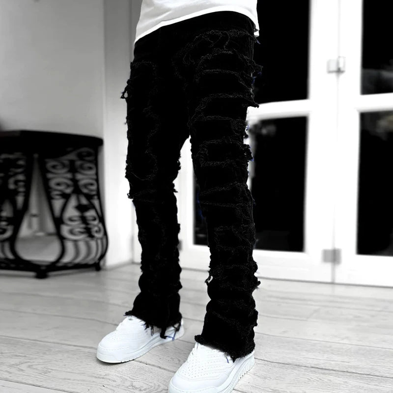 New European and American Heavyweight Streetwise Stretch Patch Jeans for Men, High Street Straight Fit Long Jeans
