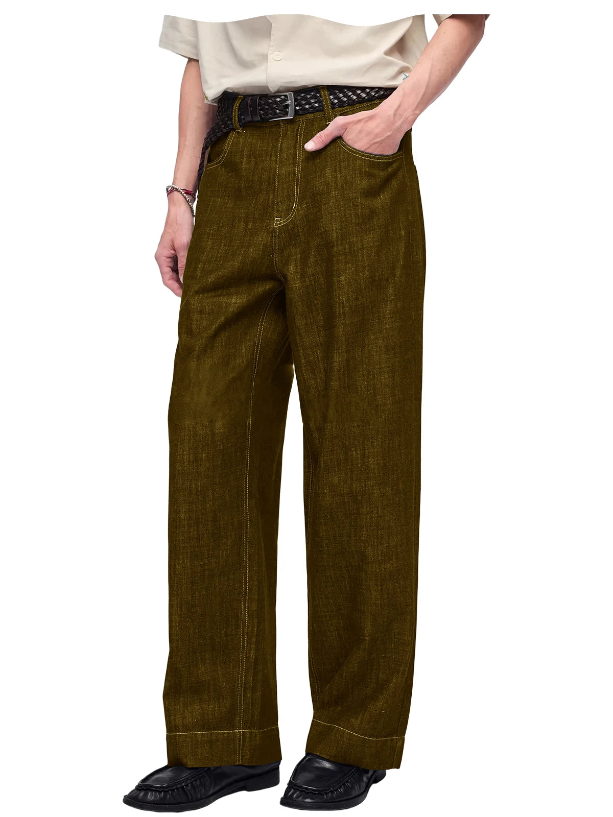 Retro Men's High Waist Wide Leg Jeans Loose Fit Denim Pants Breathable Casual Stretchy Heavyweight Cotton Y2K Baggy Trousers