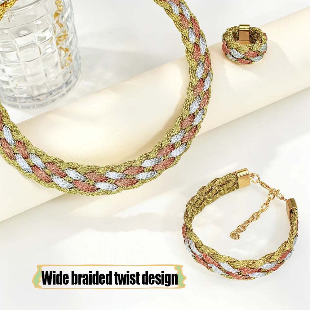 Handmade Tri Color Braided Jewelry Set 4Pcs Bohemia Boho Women Woven Twis Necklace Earrings Bracelet Ring Jewelry Gift