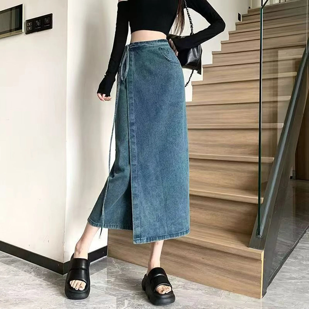 American Retro High Waist Denim  Skirt Women's Fashion Design Loose Slimming Long Split Skirt Casual High Waist Denim Skirt