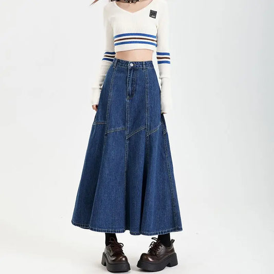 Women Blue A-line Denim Skirt Vintage Aesthetic Y2k Patchwork New Jean Skirt Cowboy Skirts 2000s Clothes