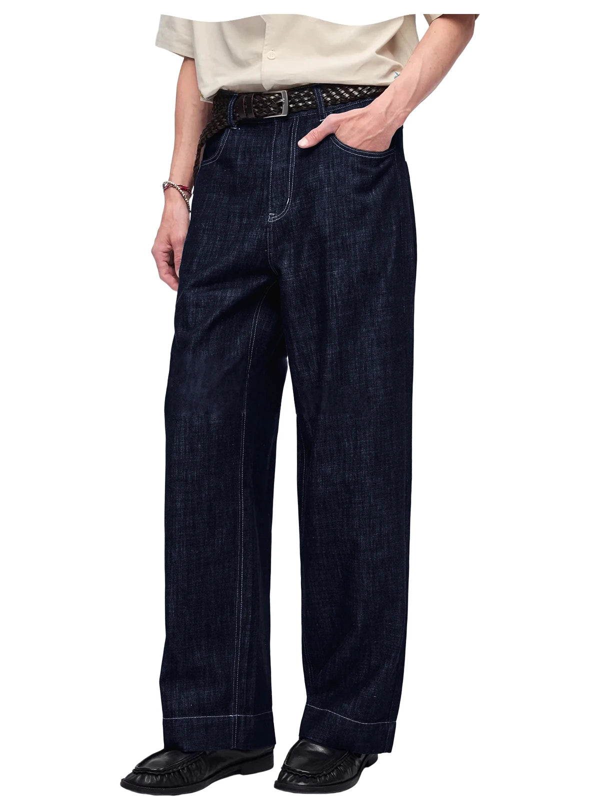 Retro Men's High Waist Wide Leg Jeans Loose Fit Denim Pants Breathable Casual Stretchy Heavyweight Cotton Y2K Baggy Trousers