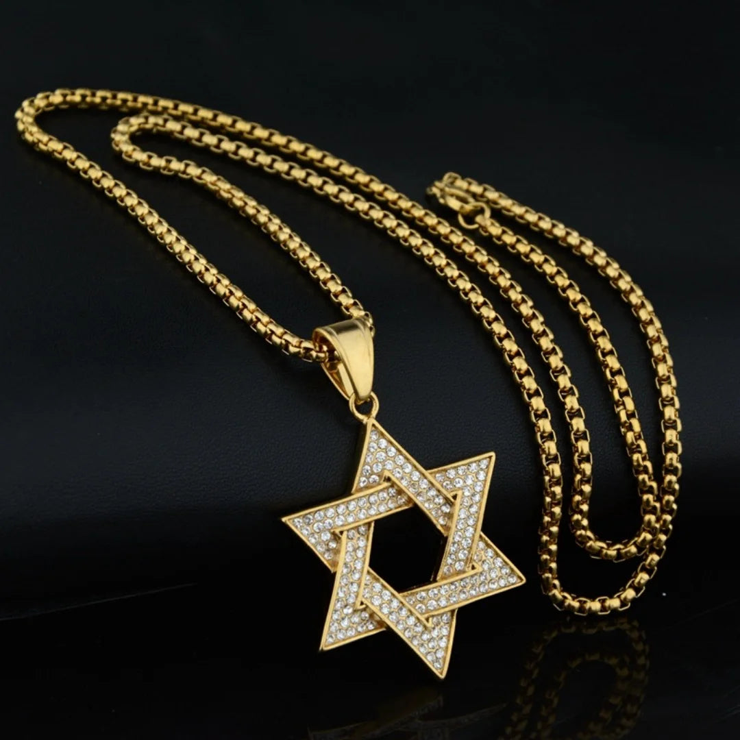 Hiphop Tennis Star of David Pendant Gold Silver Color Stainless Steel Zirconia Hexagram Necklace for Woman Man Religious Jewelry