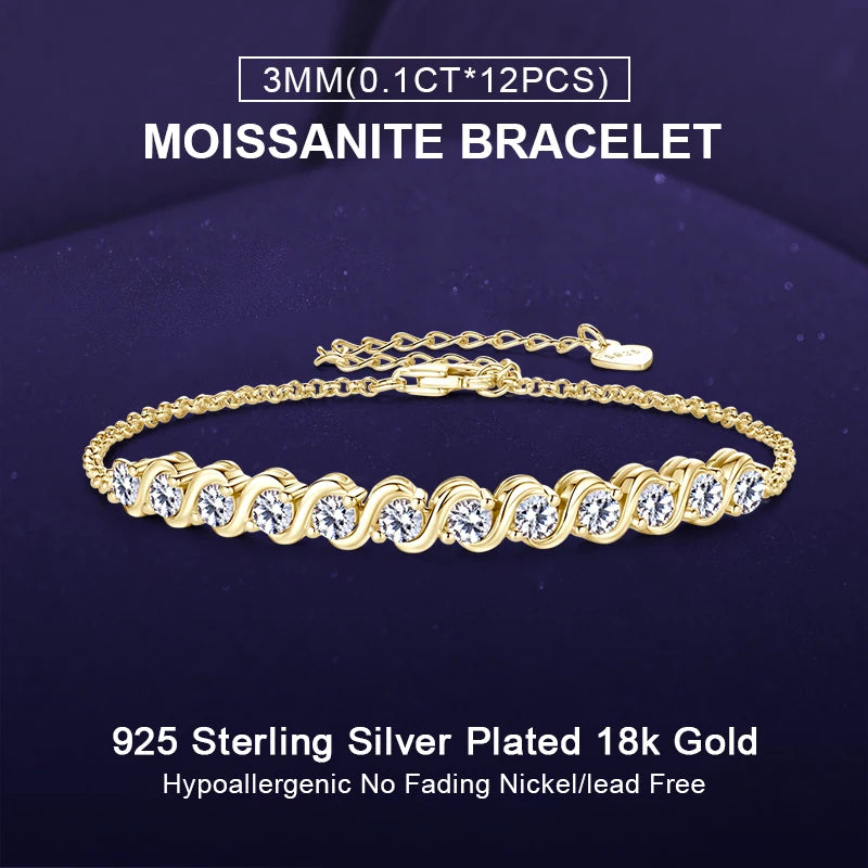 18K Gold Plated D1.20CT Moissanite Diamond Bracelet Original 925 Sterling Silver Engagement Wedding Fine Jewelry for Women