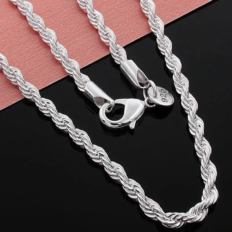 925 Sterling Silver 45-60cm 18K Gold 4mm Rope Chain Necklace for Women Men Fashion Wedding Charm Gift Jewelry 18-24Inch