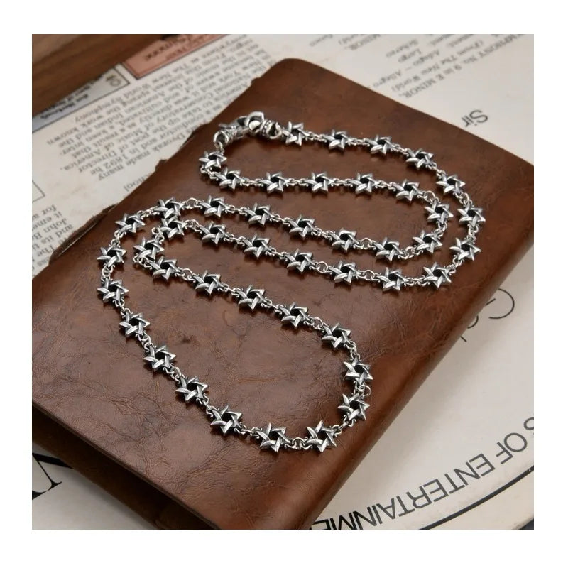 Trendy Brand Thai Silver Cross Necklace Hexagram Personality Accessories Hip Hop Lobster Buckle Men's and Women's Sweater Chain