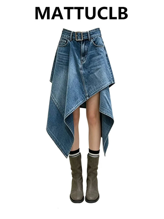 Women Midi A-line Irregular Denim Skirts 2000s Skirts Y2k American Retro Kpop Cyber Punk Jeans Skirts