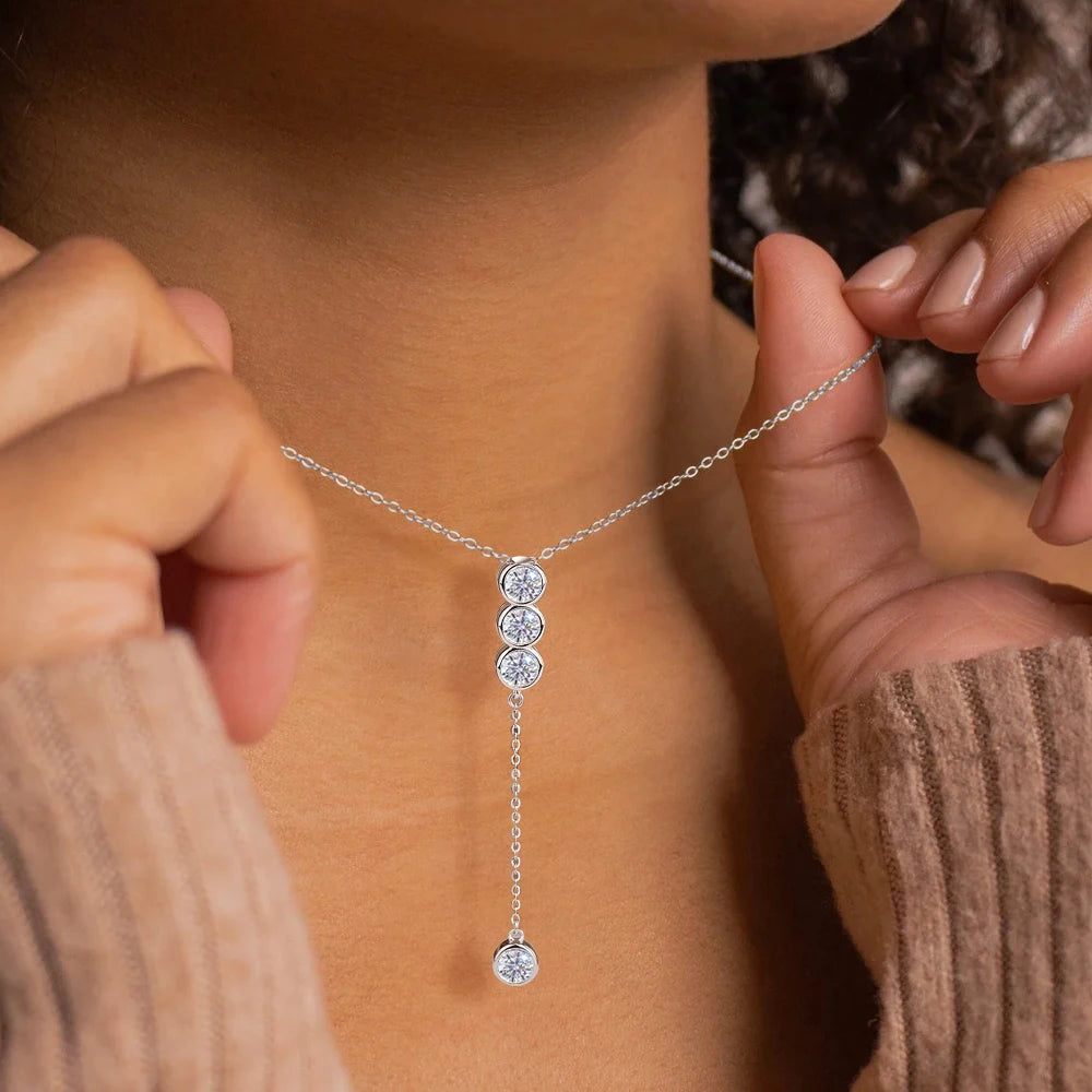 3mm/5mm Moissanite Pendant Necklaces for Women 925 Sterling Silver 4 Stones Long Tassels Bubble Clavicular Chain Party Jewelry