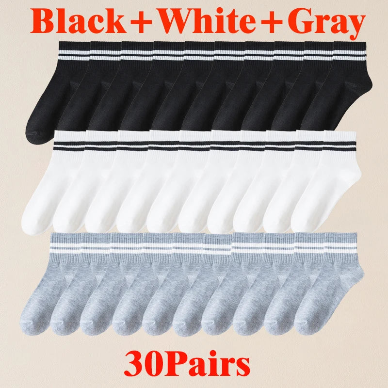 10/20/30 Pairs Men Women Striped Socks Cotton Round Neck Breathable Odor Proof Sweat Absorb Casual White Black Socks All-Season