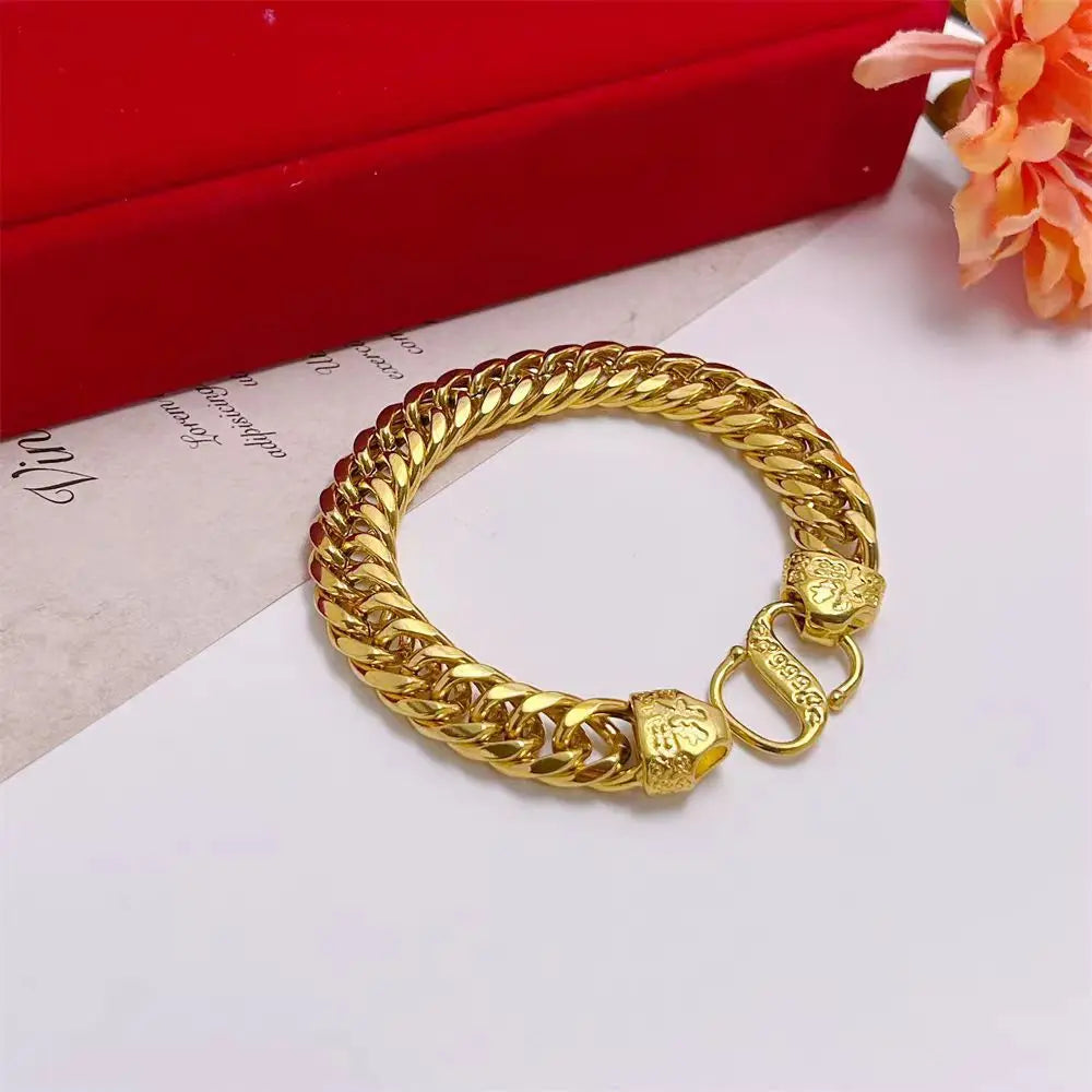 24K Gold Bracelet 10mm Fu Buckle Men's Domineering Glossy Tank Chain Boss Chain Unisex AU999