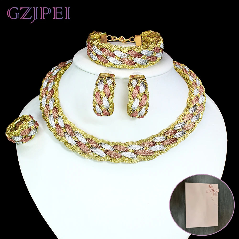 Handmade Tri Color Braided Jewelry Set 4Pcs Bohemia Boho Women Woven Twis Necklace Earrings Bracelet Ring Jewelry Gift