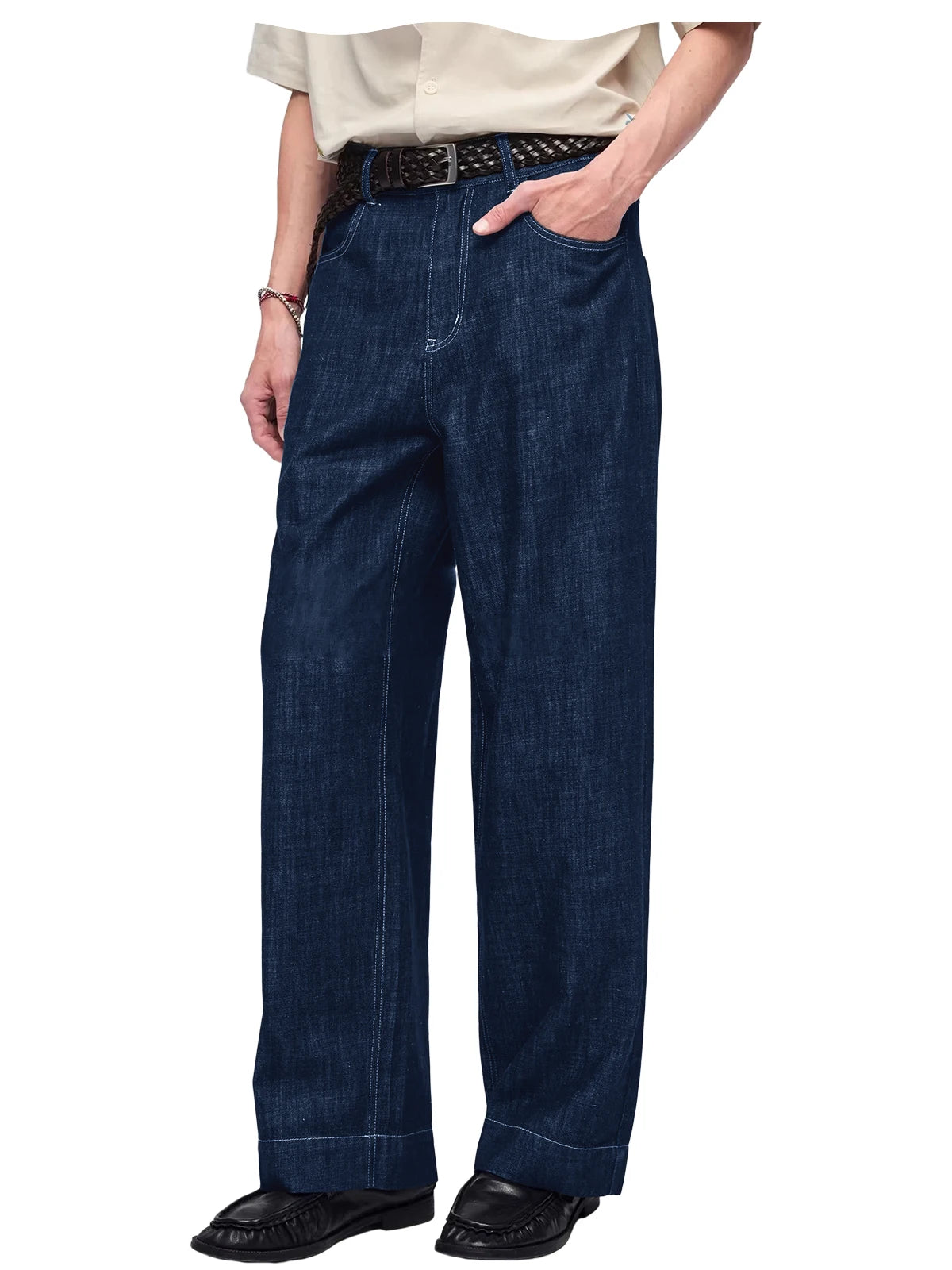 Retro Men's High Waist Wide Leg Jeans Loose Fit Denim Pants Breathable Casual Stretchy Heavyweight Cotton Y2K Baggy Trousers