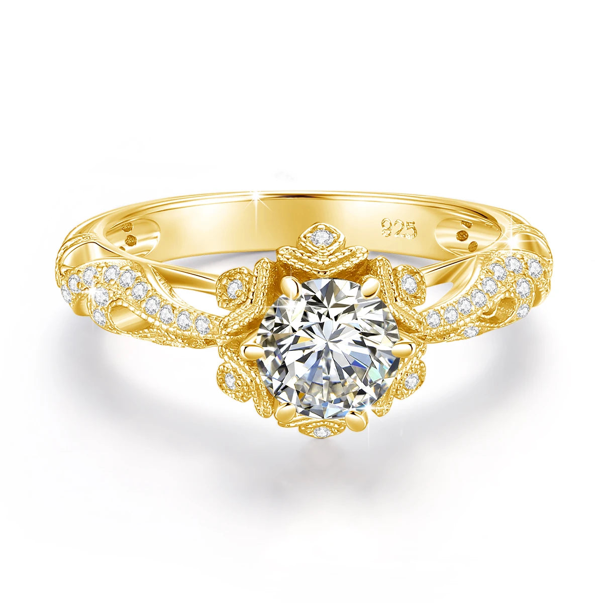  Vintage Victorian Filigree 18K Gold Plated Ring For Women Round Cut Moissanite Halo Engagement Wedding Band Fine Jewelry