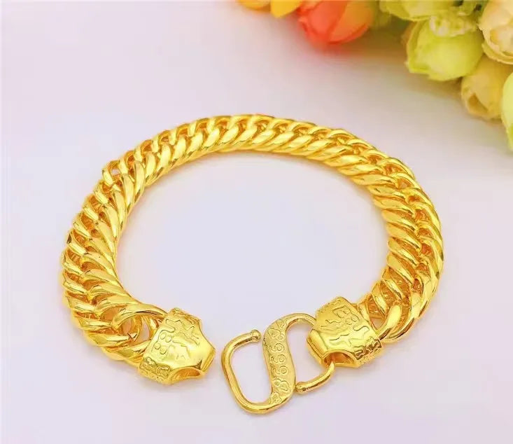 24K Gold Bracelet 10mm Fu Buckle Men's Domineering Glossy Tank Chain Boss Chain Unisex AU999