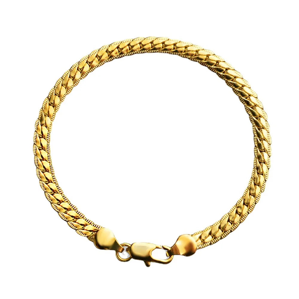 Luxury 24K 9999 Pure Gold real gold Women's Flat Snake Bone Bracelet 5mm Side Chain Bracelet