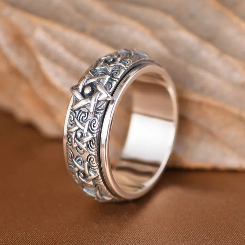 BOCAI New S925 Silver Jewelry Retro Punk Classic Rotatable Six Pointed Star Men's Engagement Ring Good Luck Selected Gift