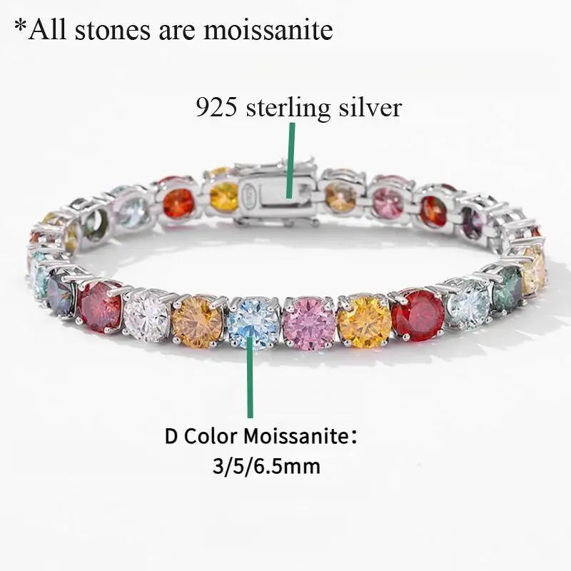 3MM 5MM 6.5MM Colored Tennis Moissanite Gemstone Bracelets Hand Chain 100% 925Sterling Silver Fine Jewelry Party Gift