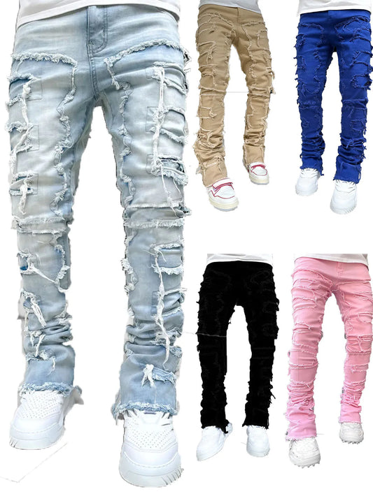 New European and American Heavyweight Streetwise Stretch Patch Jeans for Men, High Street Straight Fit Long Jeans