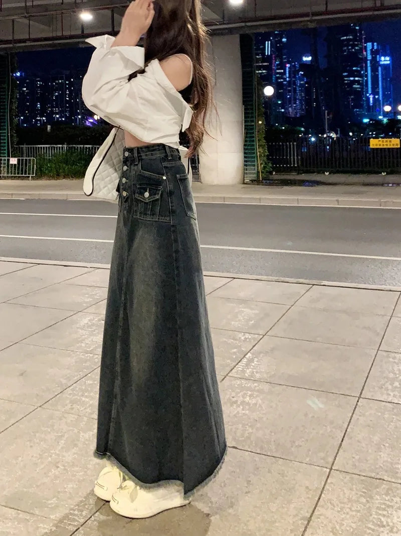 Elegant Style High Waist Raw Hem Denim Skirt Fashion Vintage A-Line Midi Indie Design Comfortable Long Denim Skirt