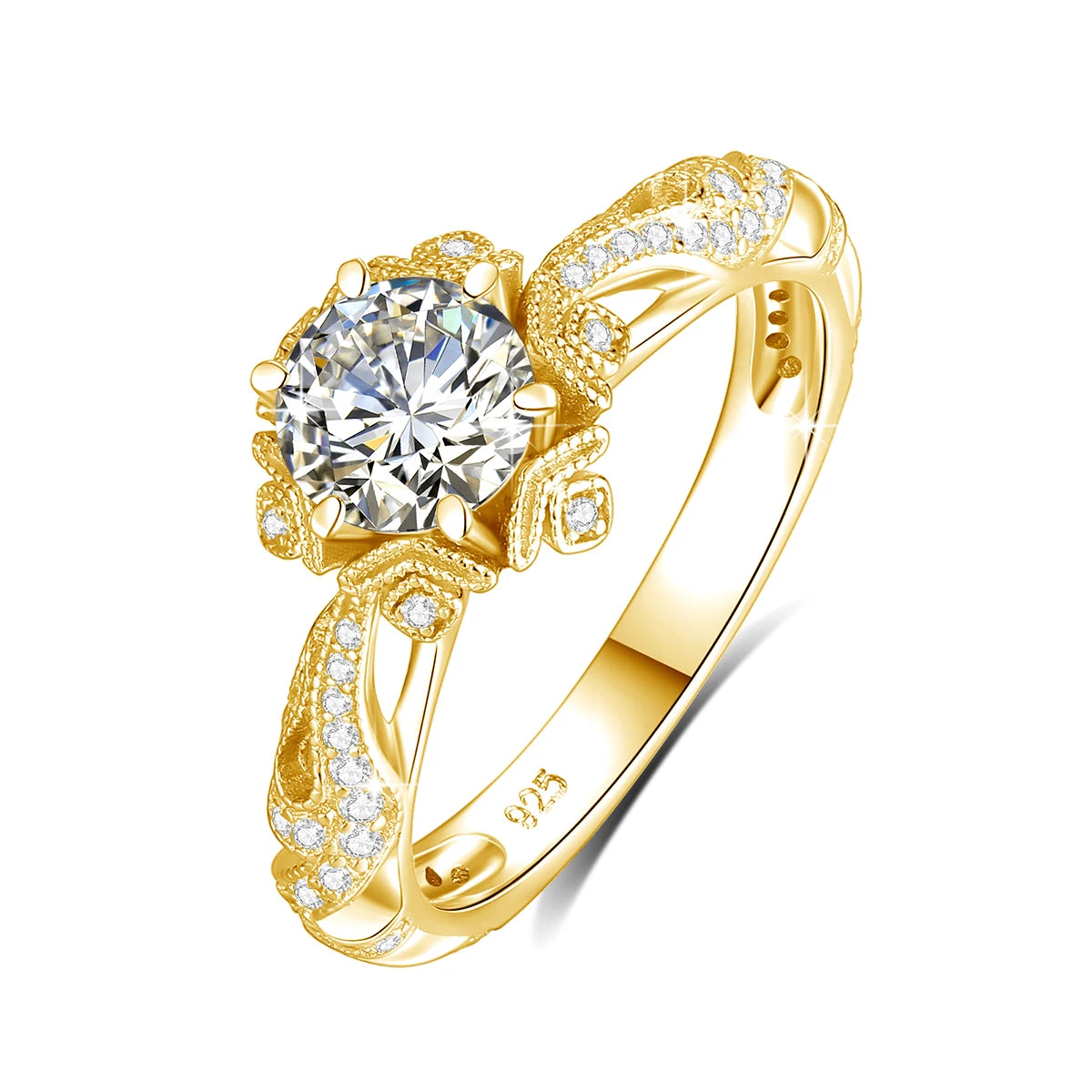  Vintage Victorian Filigree 18K Gold Plated Ring For Women Round Cut Moissanite Halo Engagement Wedding Band Fine Jewelry