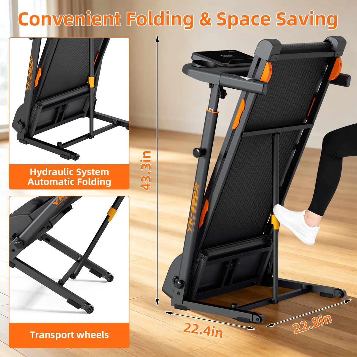 Home Treadmill with 15% Auto Incline, 3-Level Adjustable Height,Speaker, Heart Rate Monitor, Shock Absorption, LED Display, Cup Holder, 300 LBS Capacity, 12 HIIT Modes
