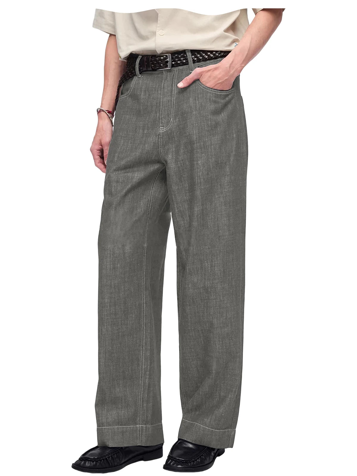Retro Men's High Waist Wide Leg Jeans Loose Fit Denim Pants Breathable Casual Stretchy Heavyweight Cotton Y2K Baggy Trousers