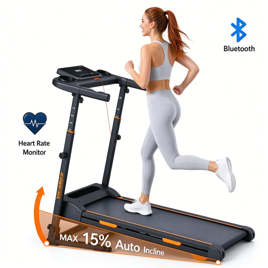 Home Treadmill with 15% Auto Incline, 3-Level Adjustable Height,Speaker, Heart Rate Monitor, Shock Absorption, LED Display, Cup Holder, 300 LBS Capacity, 12 HIIT Modes