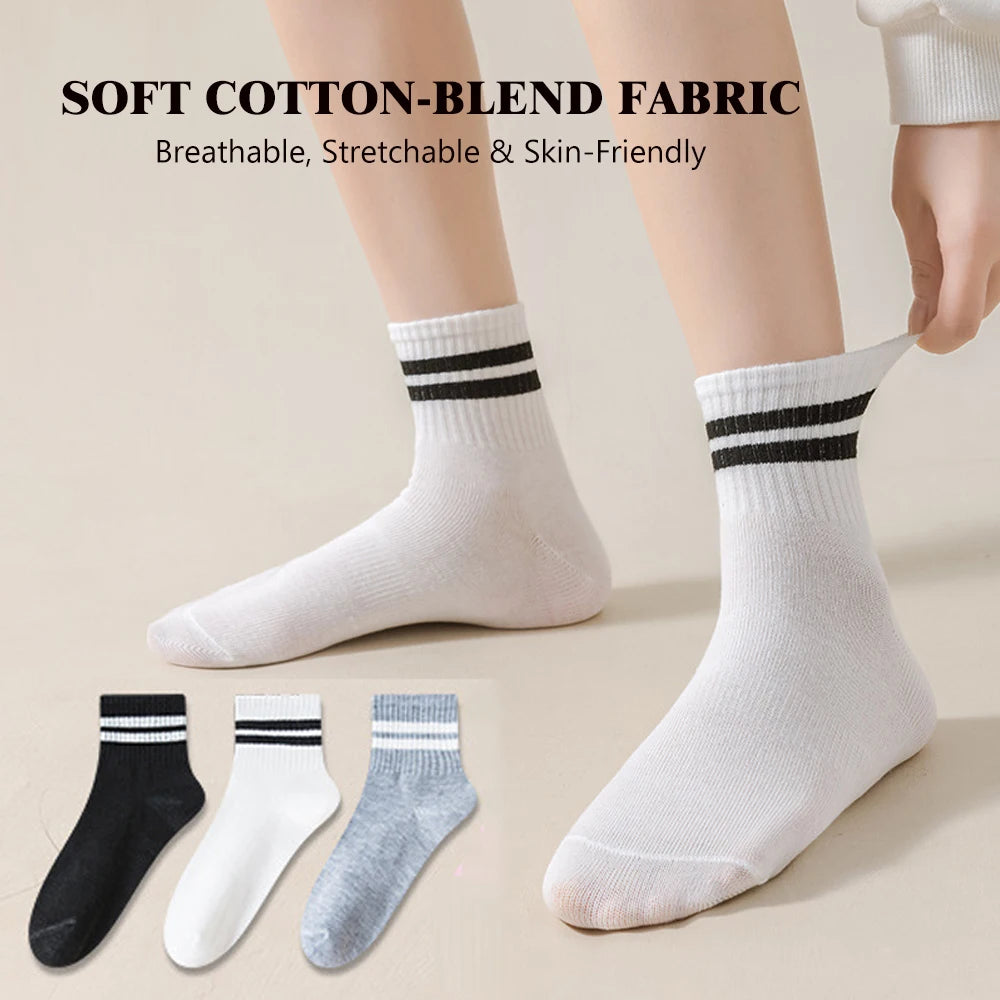 10/20/30 Pairs Men Women Striped Socks Cotton Round Neck Breathable Odor Proof Sweat Absorb Casual White Black Socks All-Season