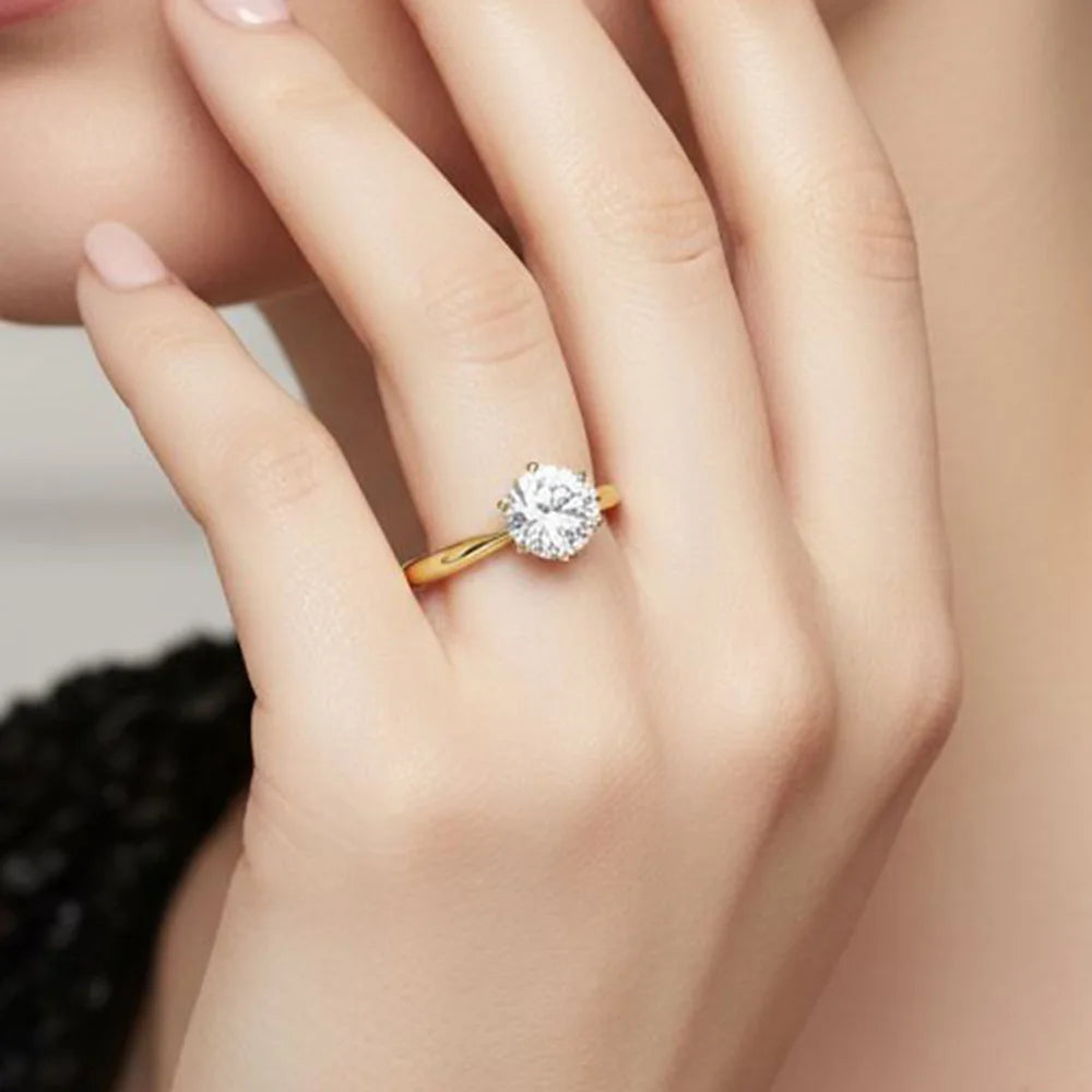 Golden Six Claw Moissanite Wedding Ring Women Birthday Anniversary Fashion Jewelry