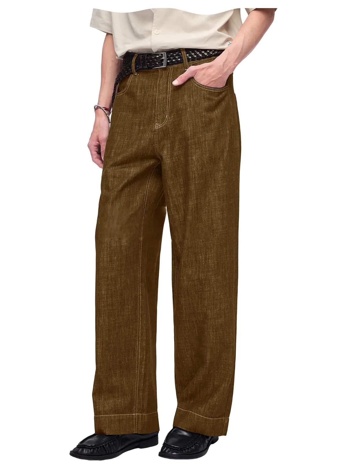 Retro Men's High Waist Wide Leg Jeans Loose Fit Denim Pants Breathable Casual Stretchy Heavyweight Cotton Y2K Baggy Trousers