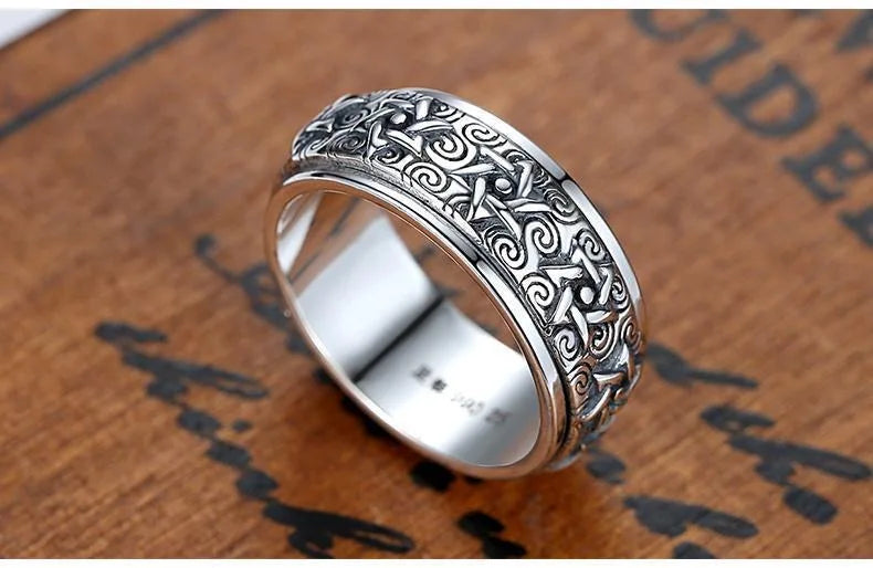 Real S999 Sterling Silver Vintafe Great Wall Pattern Double Layer Rotatable Closed Rings For Man Woman Lucky Jewelry Gift
