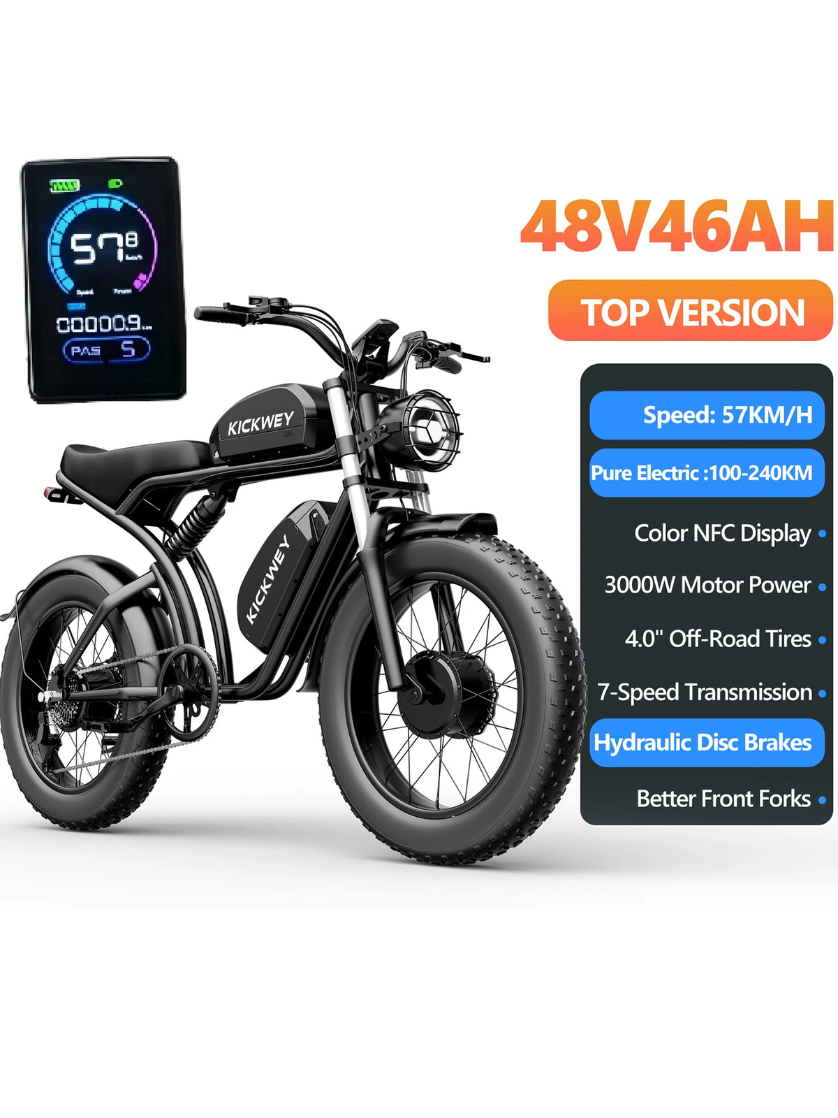K7 Electric Bike, 3000W Off-Road Electric Bicycle, Full Suspension E-Bike, 20" Fat Tire All-Terrain Electric Dirt Bike
