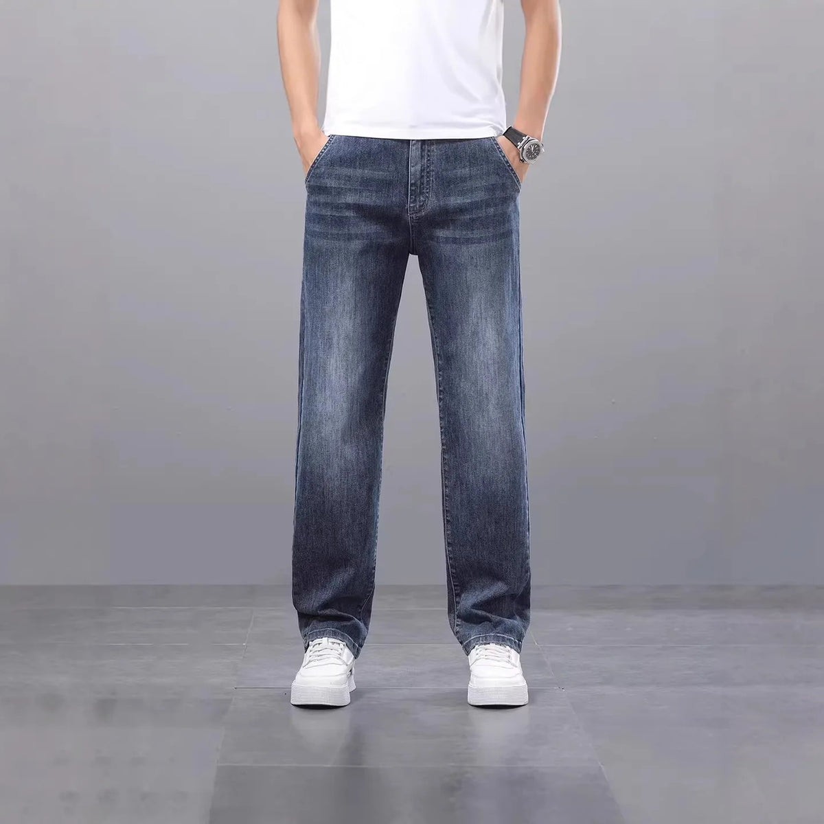 2026 Brand Spring Autumn Slim Men's Jeans Casual Breathable Cotton Fabric Stretch Denim Pants Blue Trousers Male Plus Size