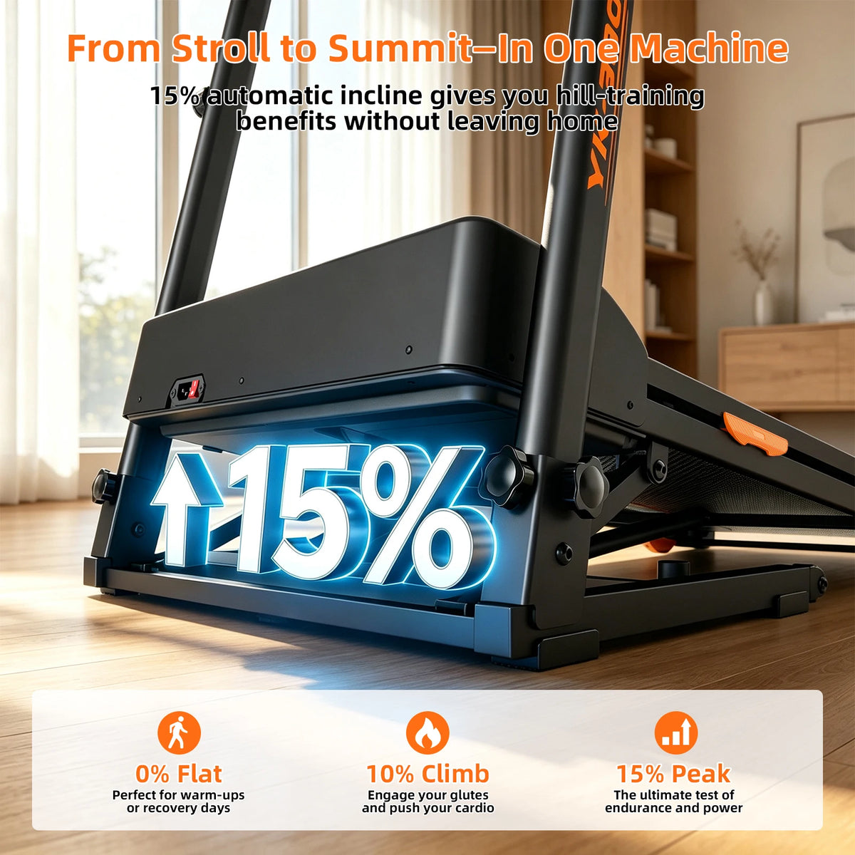 Home Treadmill with 15% Auto Incline, 3-Level Adjustable Height,Speaker, Heart Rate Monitor, Shock Absorption, LED Display, Cup Holder, 300 LBS Capacity, 12 HIIT Modes