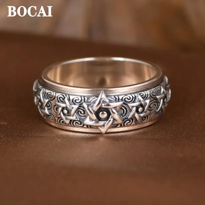 BOCAI New S925 Silver Jewelry Retro Punk Classic Rotatable Six Pointed Star Men's Engagement Ring Good Luck Selected Gift
