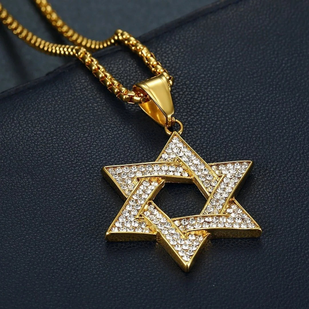 Hiphop Tennis Star of David Pendant Gold Silver Color Stainless Steel Zirconia Hexagram Necklace for Woman Man Religious Jewelry