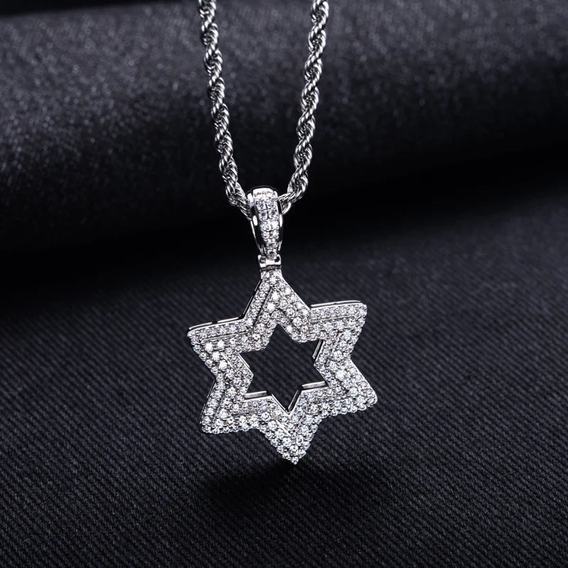 5.89cttw Moissanite Iced Out Star of David Pendant 14K Gold Plated Hexagram Necklace Women/Men Style Jewelry