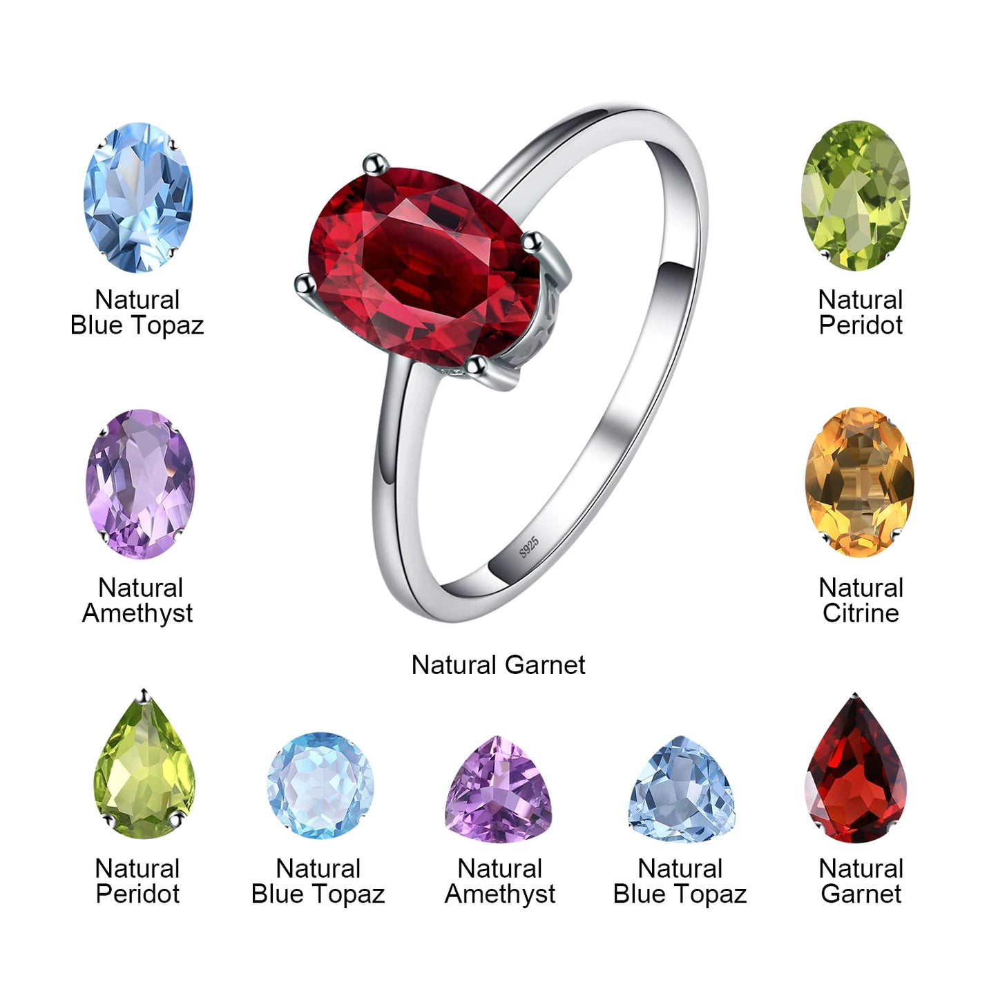 JewelryPalace Genuine Garnet  Amethyst Citrine Peridot Blue Topaz 925 Sterling Silver Rings for Women Colorful Gemstone Jewelry